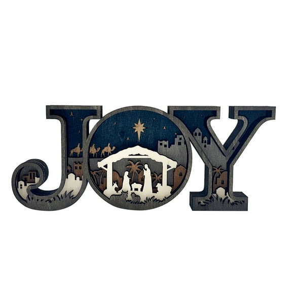 Nativity Scene Wooden Ornaments, 3D Nativity Joy LED Letter Lights Sign, 3D Lighted Nativitys Joy Sign Tabletop Decorations, for Christmas Table, Mantle, or Religious Holiday Display (1PC)
