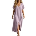 thumbnail image 4 of Dvprdro V Neck Short Sleeve Cotton Side Pockets Loose A Line Maxi Dress for Women Summer Beach Vacation Solid, 4 of 8