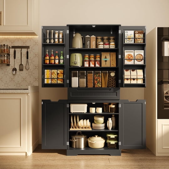 Aiho 71" Kitchen Storage Cabinet with Doors and Shelves, Bathroom Storage Cabinet - Black