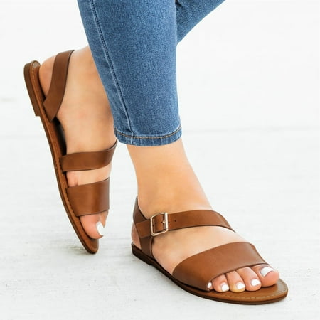 

PEASKJP Women Slides 2023 Ladies Summer Round Head Open Toe Wedges Beach Flat Sandals Cross Strappy Sandals Brown 9.5