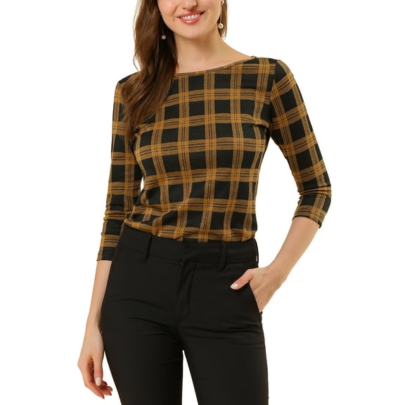 MODA NOVA Juniors Work Boat Neck 3/4 Sleeve Stretchy Knit Blouse S Yellow