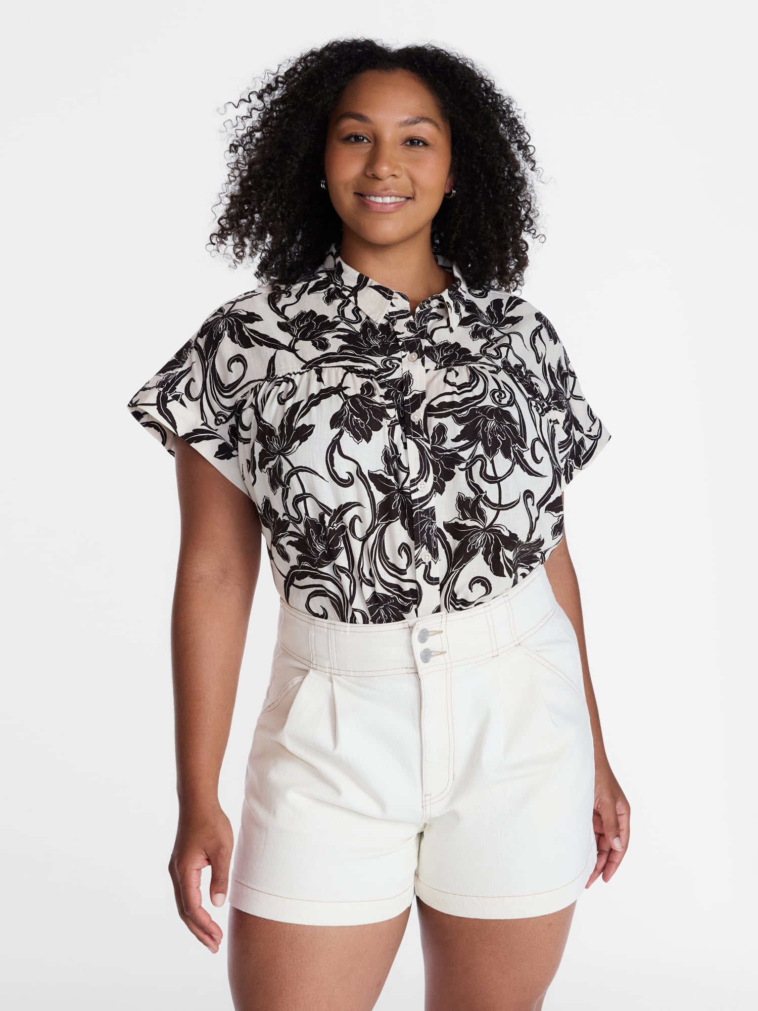 Time and Tru Women's Camp Shirt with Short Sleeves, Sizes XS-XXXL