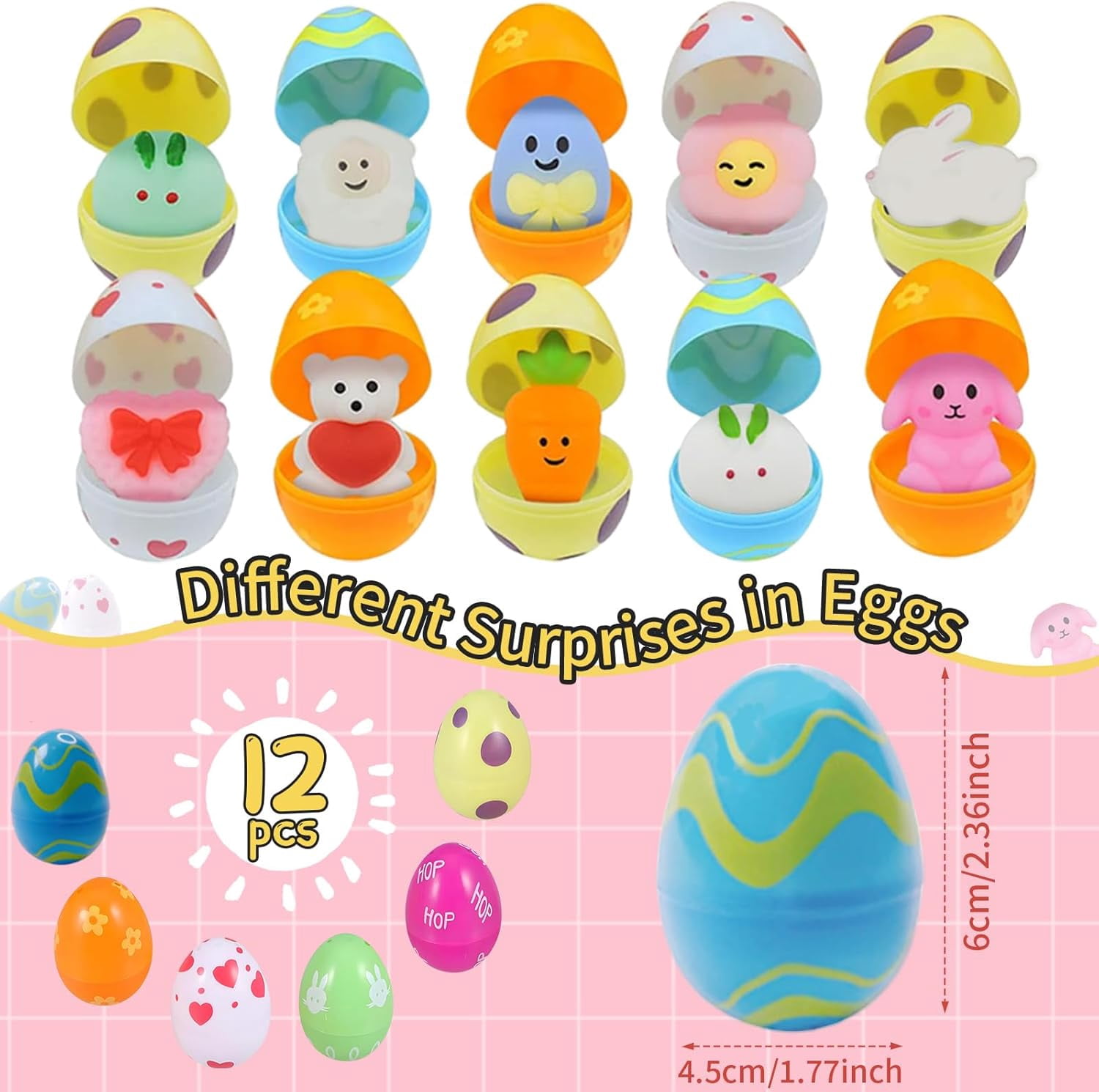 Meottam 12 Pack Prefilled Easter Eggs with Mochi Squeeze Toys, Easter Basket Stuffers for Easter Gifts Egg Theme Party Favor, Kids Novelty Toys Class Prizes Birthday Gifts Stress Relief Toy