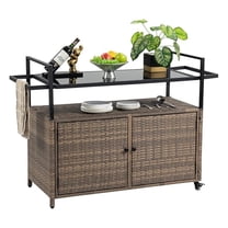 Outdoor Bar Cart Table - Patio Console Storage Cabinet BBQ Grill Carts Buffet with Wheels Waterproof Wicker Serving Tables for Outside, Brown