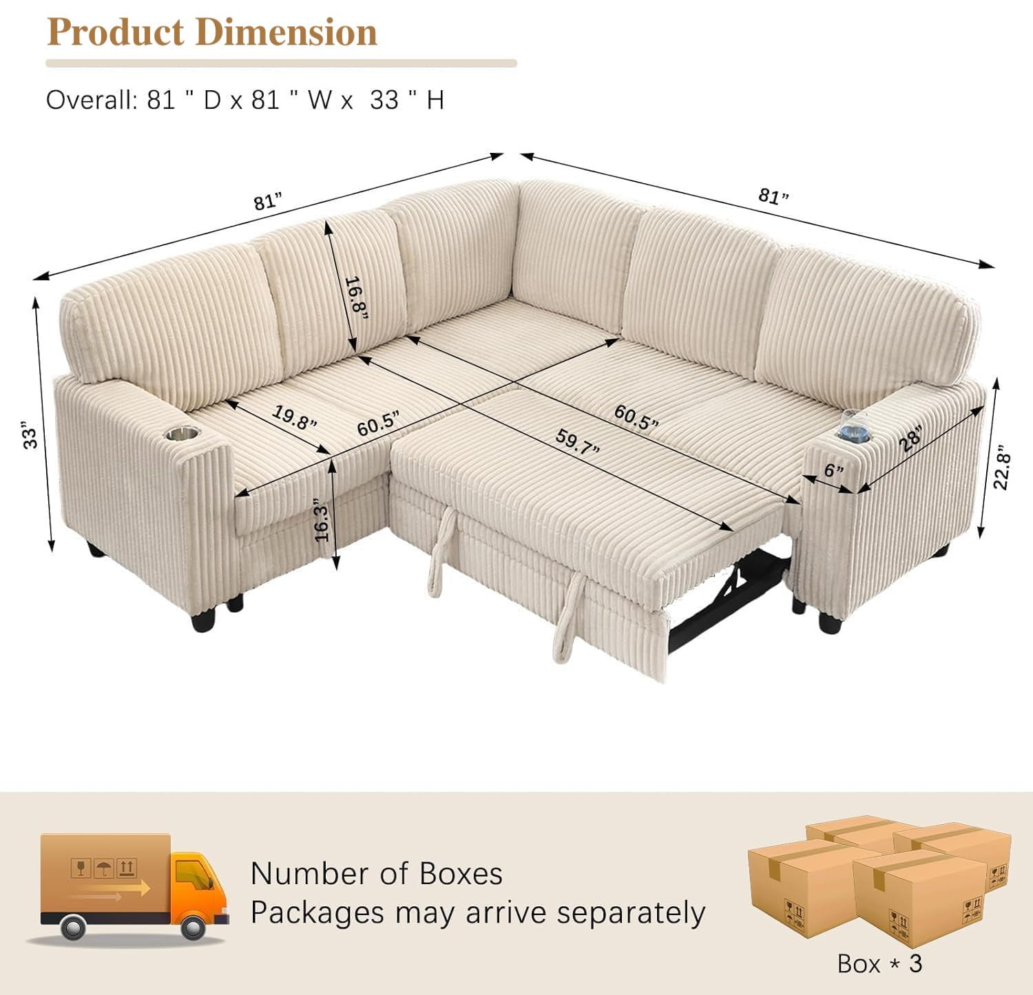81" Modular Sectional Sofa, Corduroy Pull Out Couch Bed Sleeper Sofa Bed with Storage Seat, Cup Holders & USB/Type-C Ports, V Shaped Sectional Couch for Home Living Room (Beige)