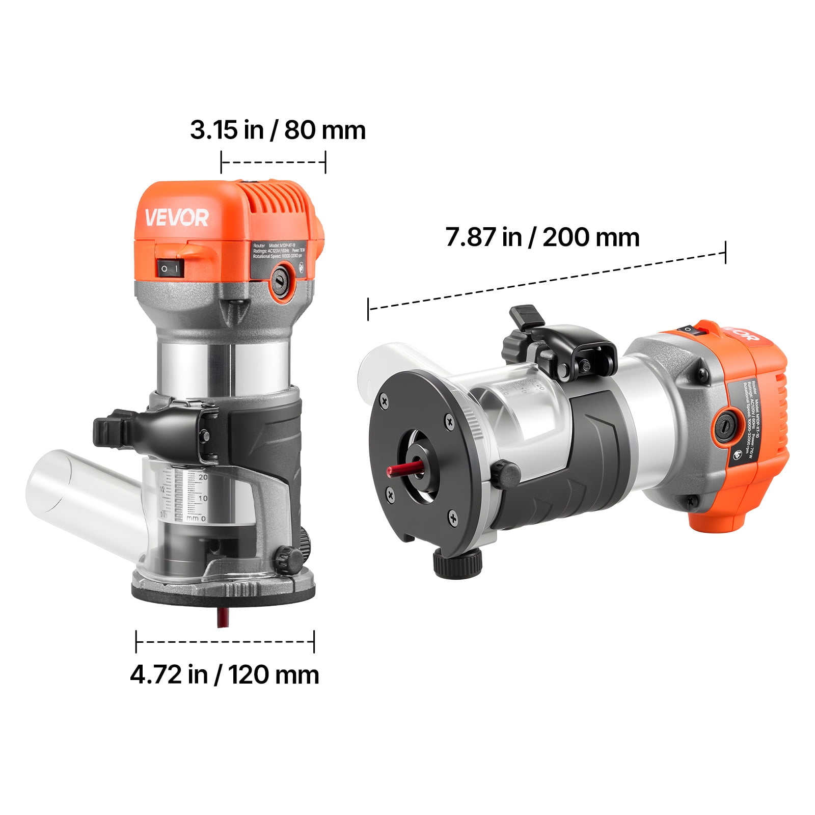 VEVOR Wood Router, 1 HP 710W, Variable Speed Palm Router Tool with Soft Start, Compact Wood Edge Trimmer with Fixed Base & 1/4-Inch Collet, Dust Hood, for Woodworking, Trimming, DIY Projects, Corded
