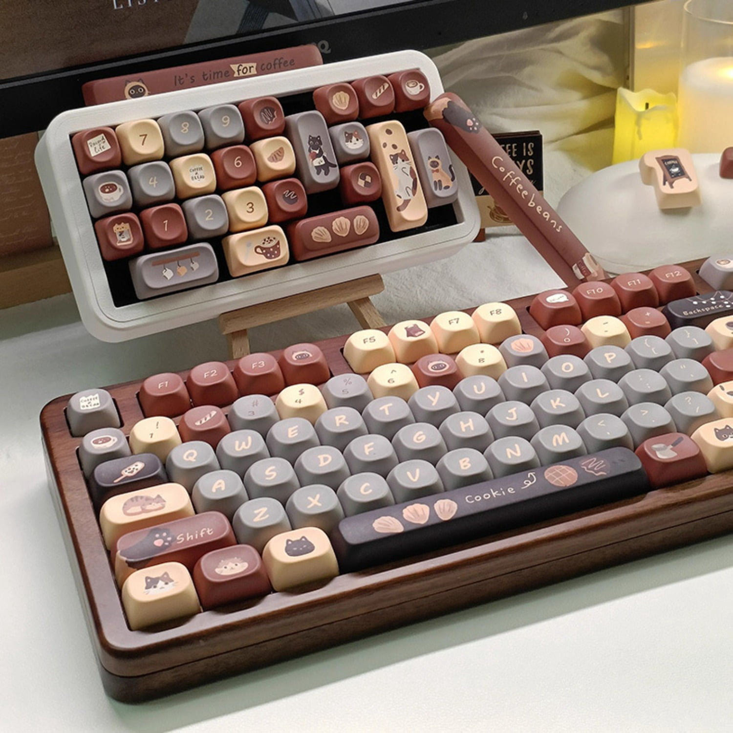 Coffee Cat Theme Keycap Full Set, 5-Side Dye-Sublimation Cherry/MOA Profile Cute Keycaps for Mechanical Keyboard
