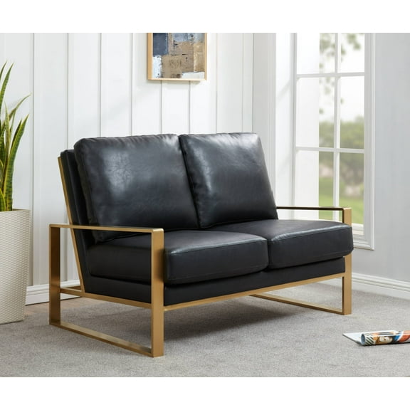 LeisureMod Loveseat Upholstered in Leather with Gold Stainless Steel Sled Base and Removable Cushions for Modern Home, Living Room, Offices Jefferson Collection in Black