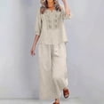 thumbnail image 5 of Womens 2 Piece Outfits 3/4 Sleeve Cotton Linen Embroidered Shirts Wide Leg Capri Pants with Pockets Matching Sets, 5 of 6