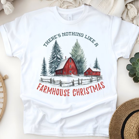 Farmhouse Christmas T-Shirt | Rustic Red Barn Holiday Graphic Tee, White, Size S