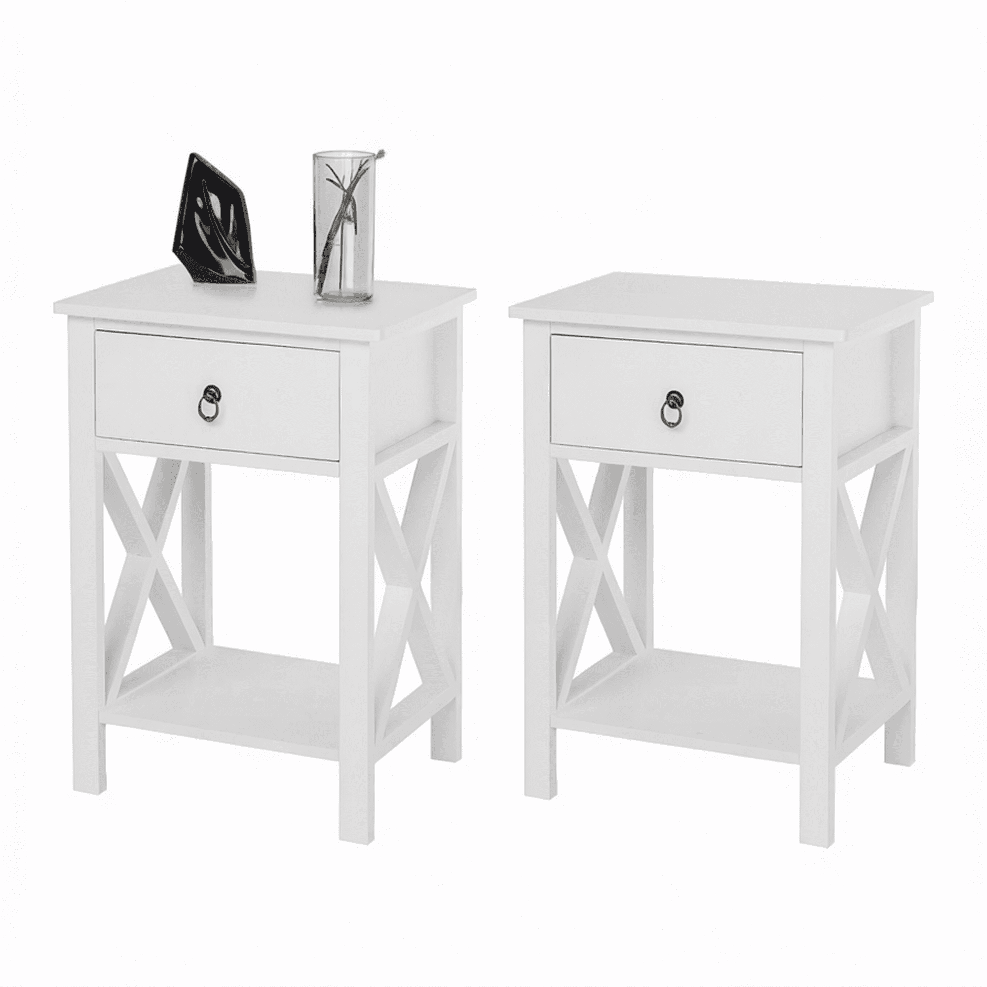 White Nightstand Set of 2 with Drawer Farmhouse Bedside Tables End Tables for Small Spaces Kids Room Bedroom