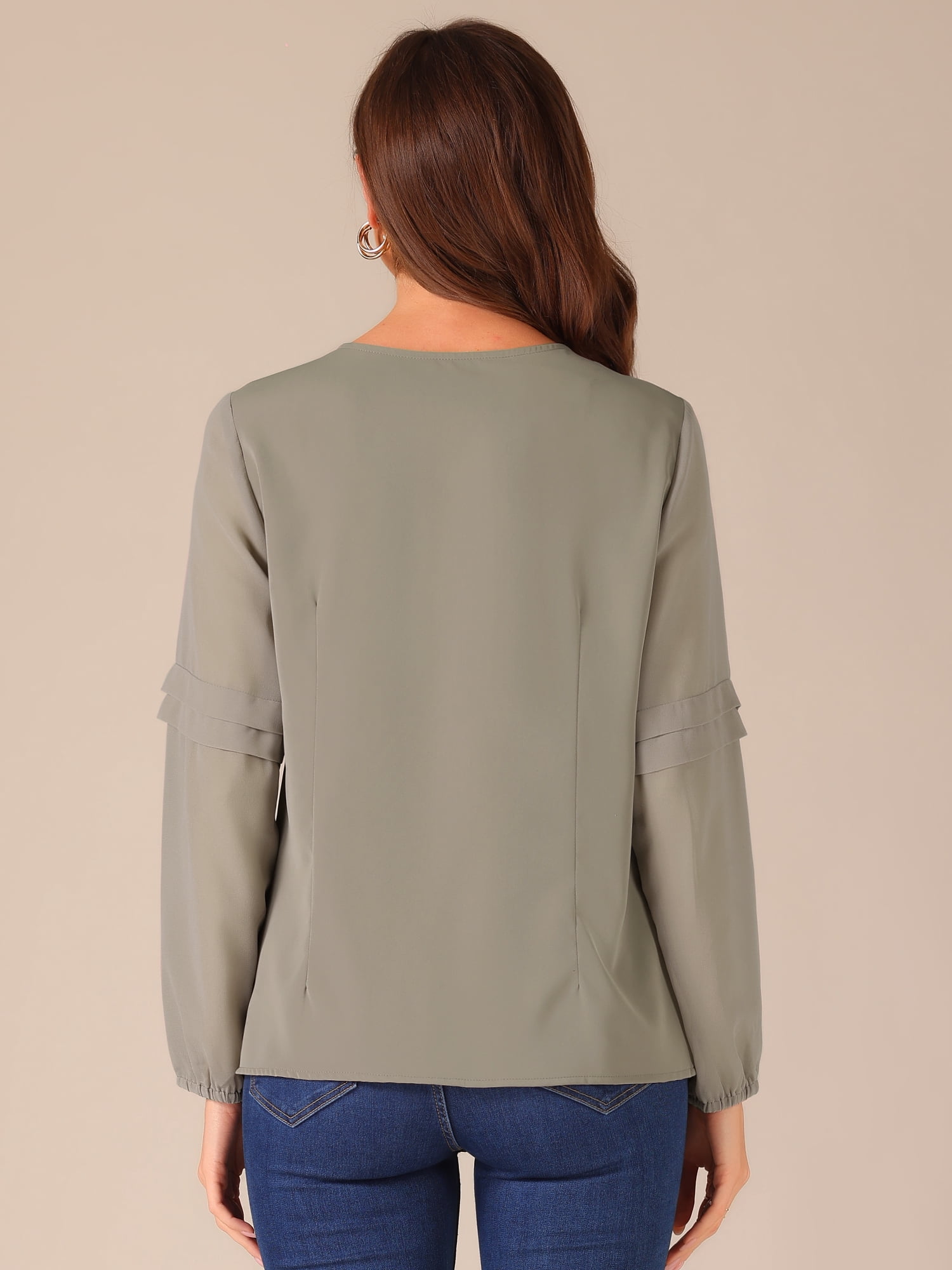 DARING DIVA Chiffon Semi Sheer Long Sleeves Keyhole Neck Blouse L Brown Grey