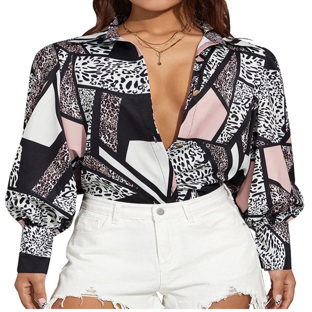EIMELI Chemise Rétro à Manches Évêque pour Femmes Printemps Automne Bureau Dame Couleur Unie/imprimé Léopard Col à Revers Manches Longues Boutonnée Verte S