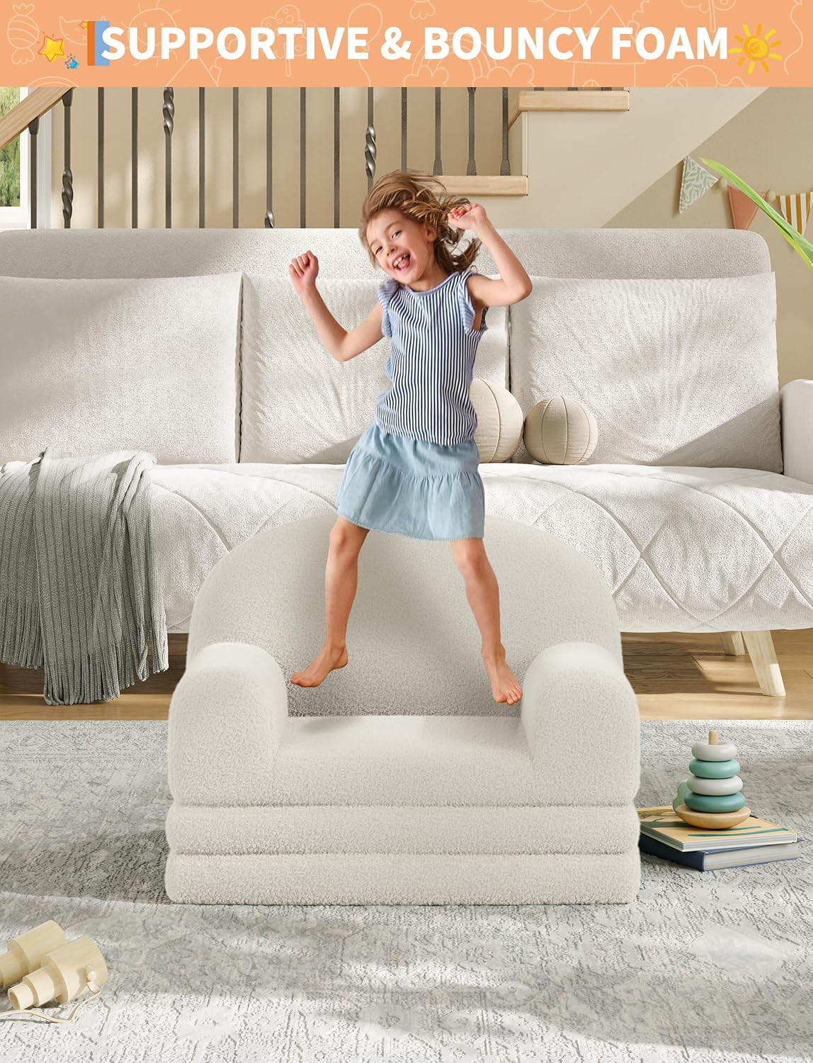 Kids Couch, 2-in-1 Convertible Teddy Fleece Fabric Toddler Sofa Chair, Soft Fold Out Couch Lounger for Kids, Comfy Children's Sofa Bed for Playroom, Nursery, Birthday Gift (White Moon)