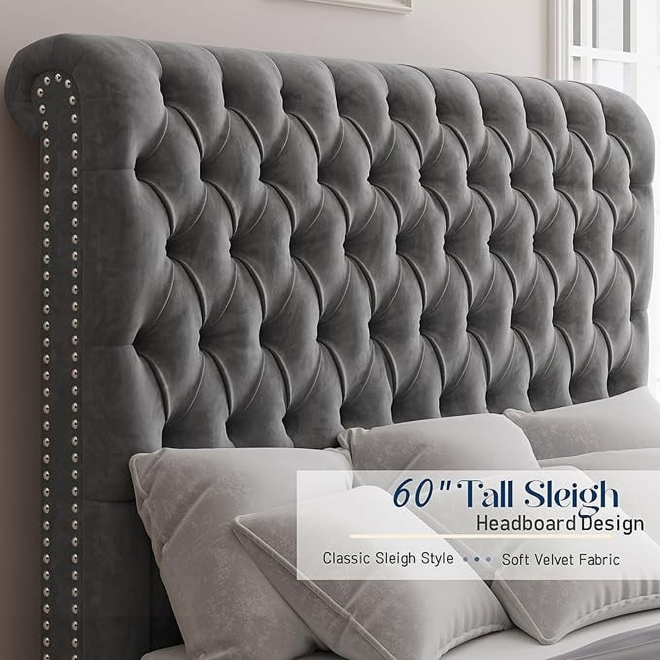 Merluxy King Bed Frame for Adult,60" Sleigh Headbord with Deep Button Tufting,Velvet Light Grey