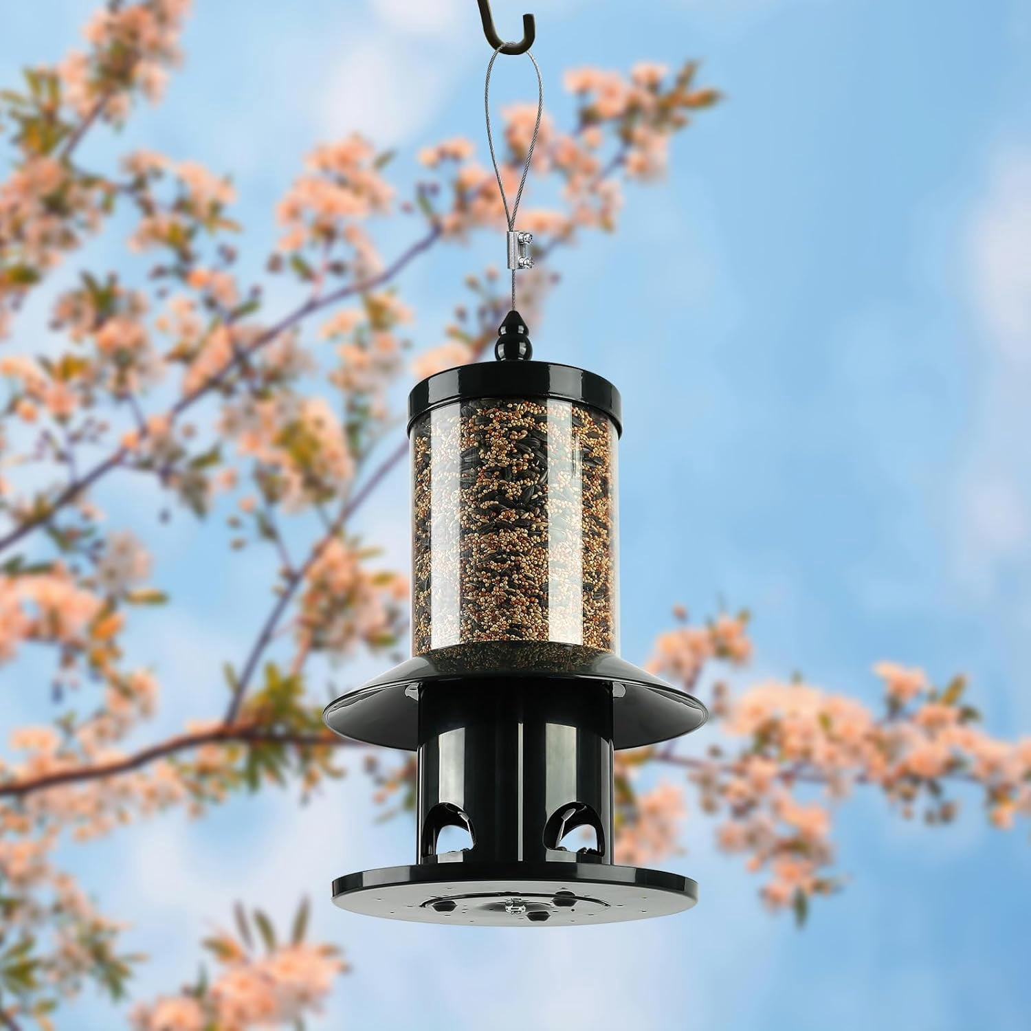 Squirrel Proof Bird Feeder for Outdoors, 360° Feeding Perch Tray with Rainproof Roof, Heavy Duty Wild Bird Seed Feeder for Hanging, Dark Green