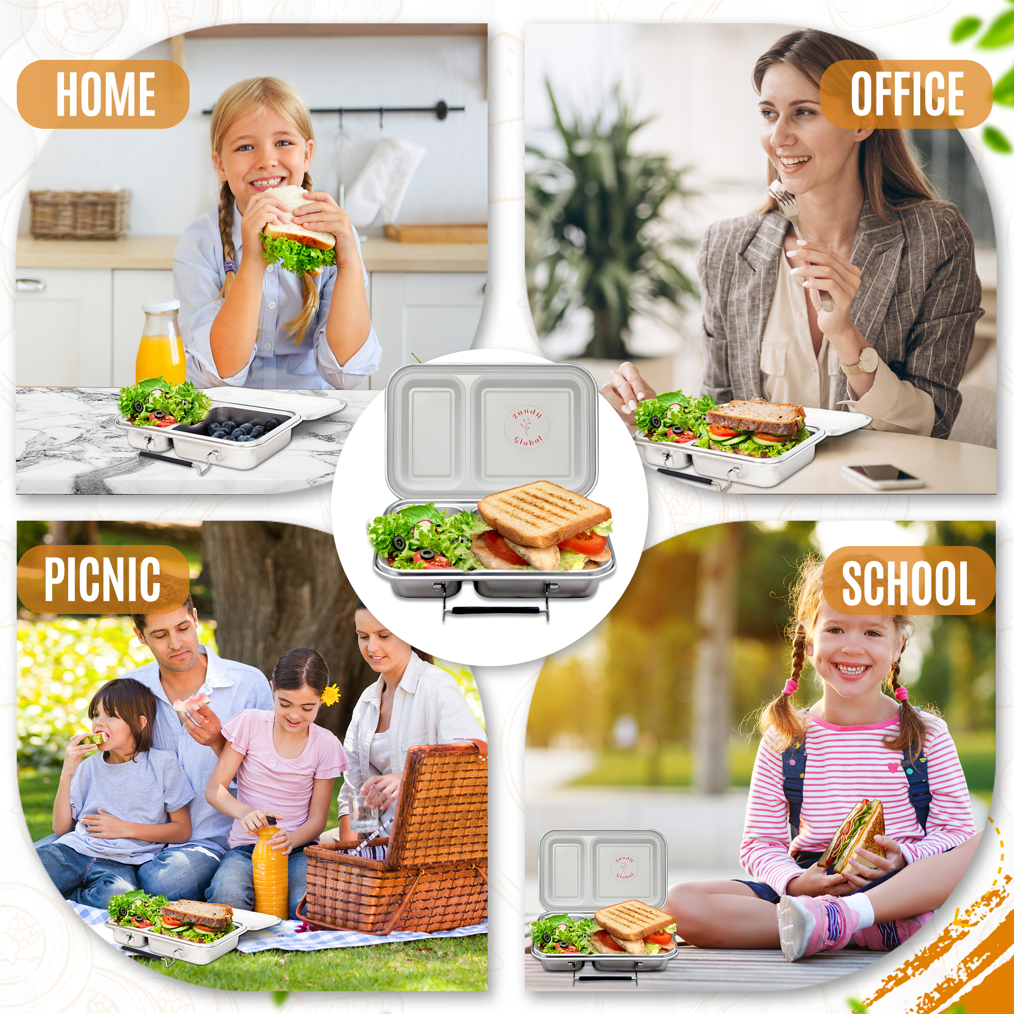 ZandH Global Stainless Steel Bento Lunch Box, 2 Compartments w/Utensils, Leak Resistant and Dishwasher Safe.