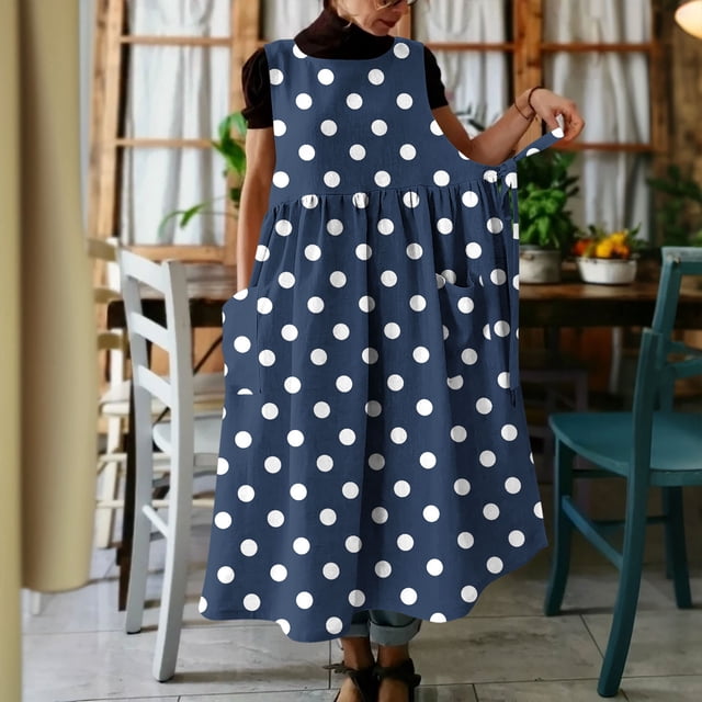Uootdi Robes Tablier pour Femmes Col Ras du Cou Sans Manches à Pois avec Poche Robes Maxi Boho Légères Amples Robes Chasubles Cadeau