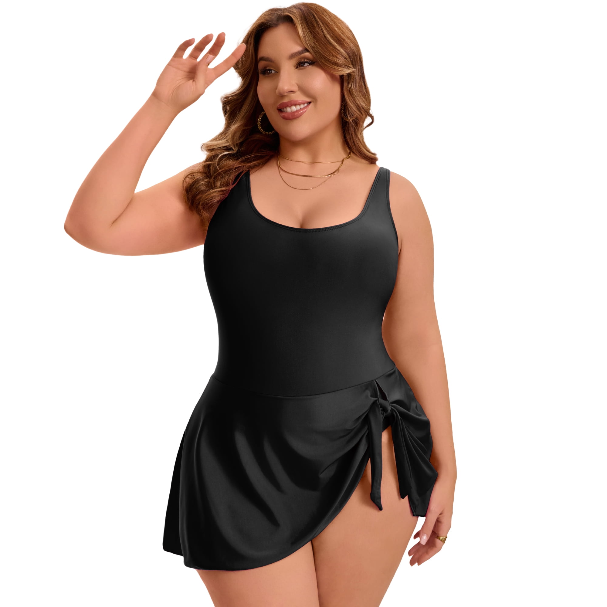 DARING DIVA Women's Plus 1 Piece Tummy Control Push Swimdress 3X Black
