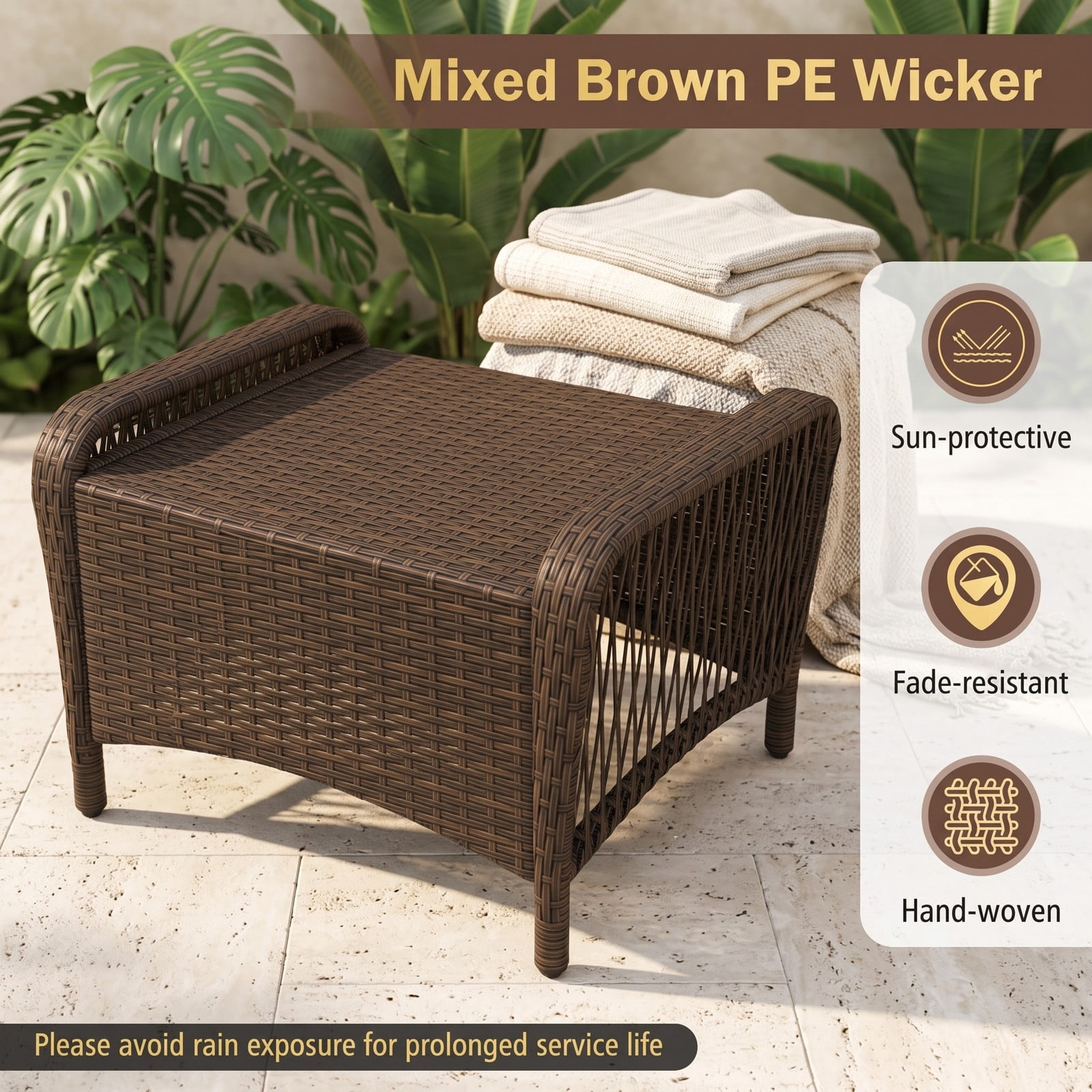 Furnibear Set of 2 Outdoor PE Wicker Patio Ottomans with Removable Cushions for Foot Rest, Extra Seating and Side Table Use, Navy