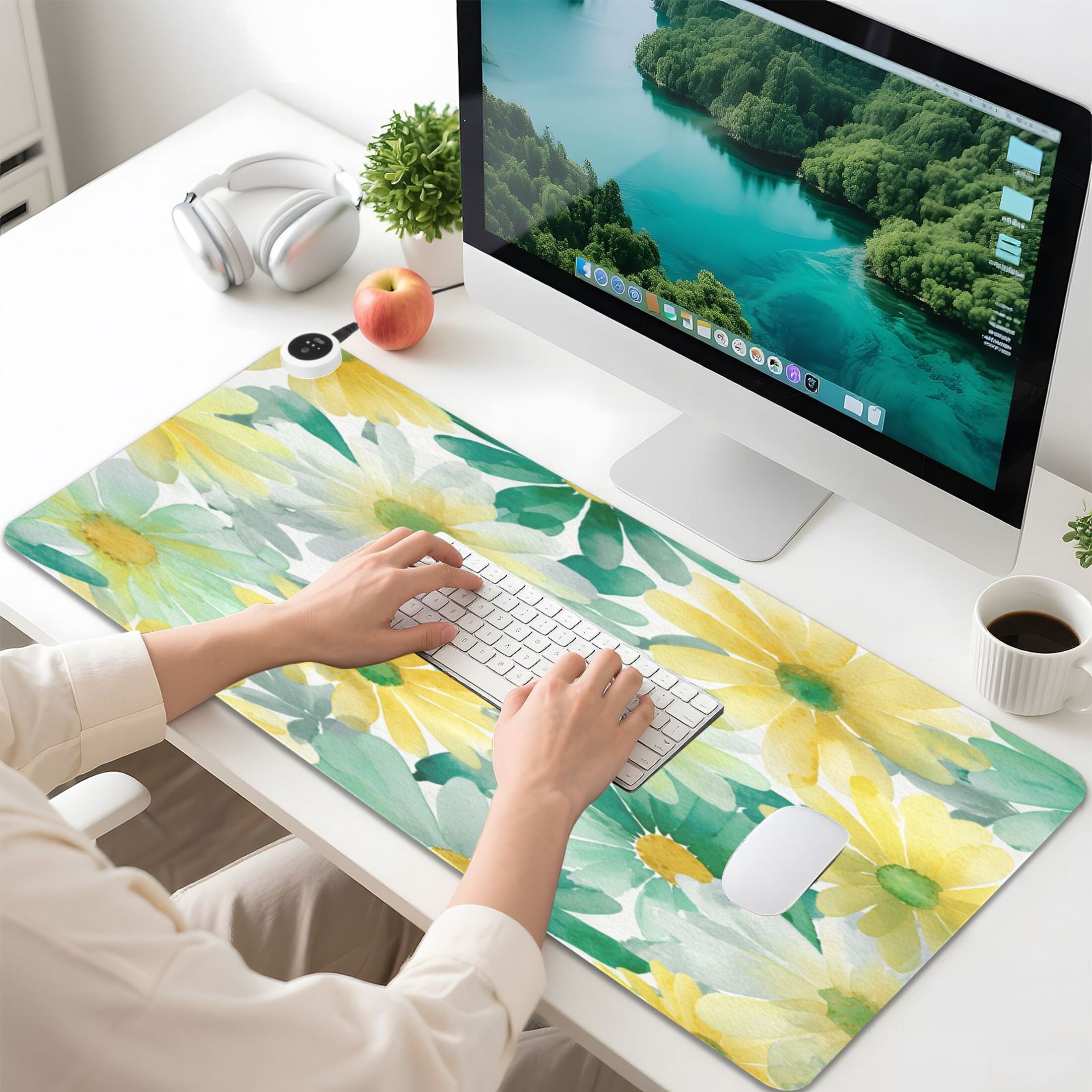 Large Heated Desk Mat Mouse Pad 31.5"x13"PU Leather Graphene Heating Desk Warmer with 3 Temperature Settings 110V US Plug Non-Slip Warm Pad for Home, Office, and Gaming Teal Yellow Daisy Print