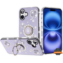 For Apple iPhone 17 Fashion Glitter Diamond Edge with Ring Stand Bling Case Floral Cover [Black]