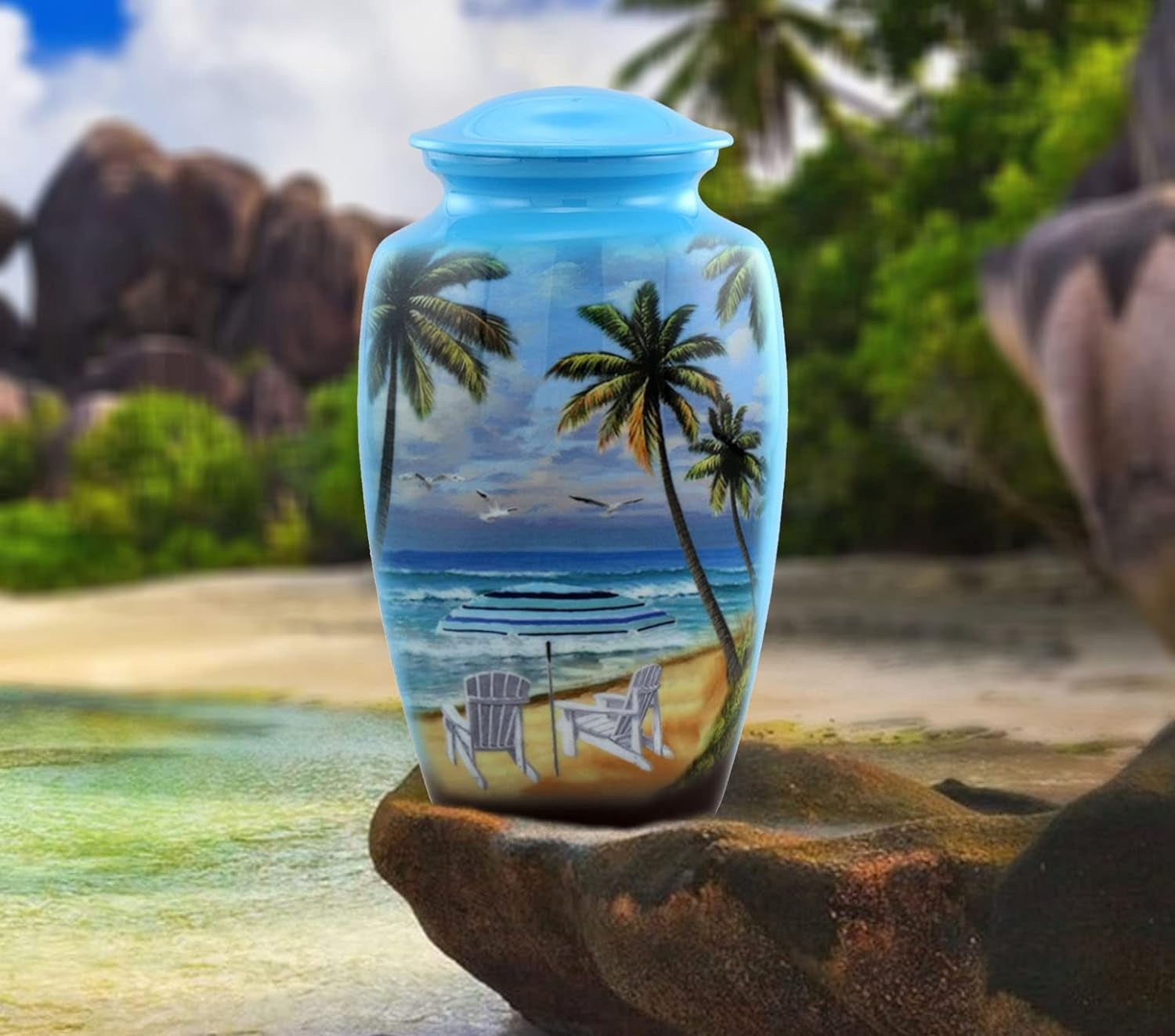 Paradise Beach Large Adult Cremation Urn for Ashes, Memorial Urn with Velvet Interior Bag
