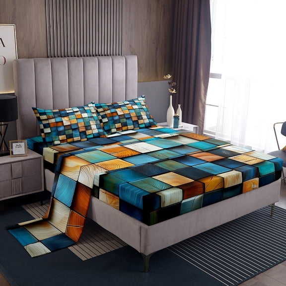Erosebridal Blue Teal Checkered Plaid Sheet Set Twin , Orange Buffalo Grid Bedding Sets Twin Size 3pcs