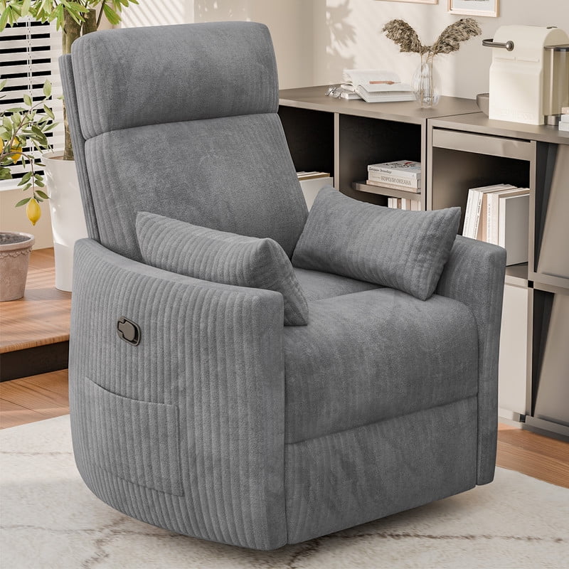 Homall 360° Swivel Nursery Recliner Power Swivel Rocker Recliner Chair with 2 Pillows Comfy High Back Adult Glider Rocker for Living Room,Corduroy Gray