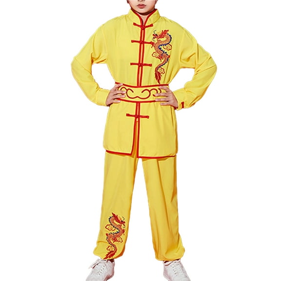 Kvysinly Kids Boys Girls Kung Fu Suit Unisex Children Dragon Embroidery Tai Chi Outfit Chinese Yellow 120