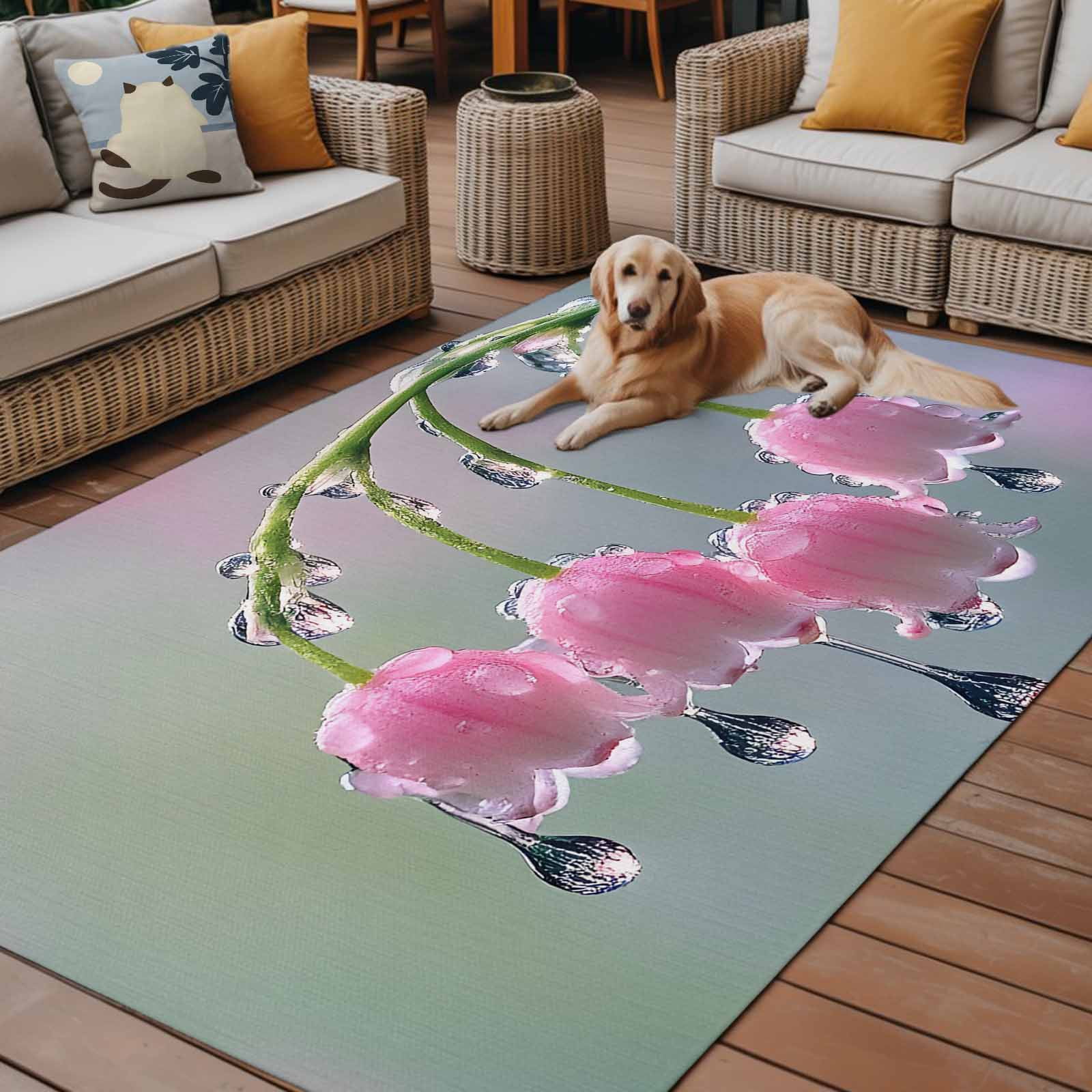 Outdoor Rug 5x8ft Lily Of The Valley Large Area Rug Pink Flower Indoor Outdoor Carpet Outdoor Rugs Mats for Patio Camping,RV,Front Door, Outside Decor