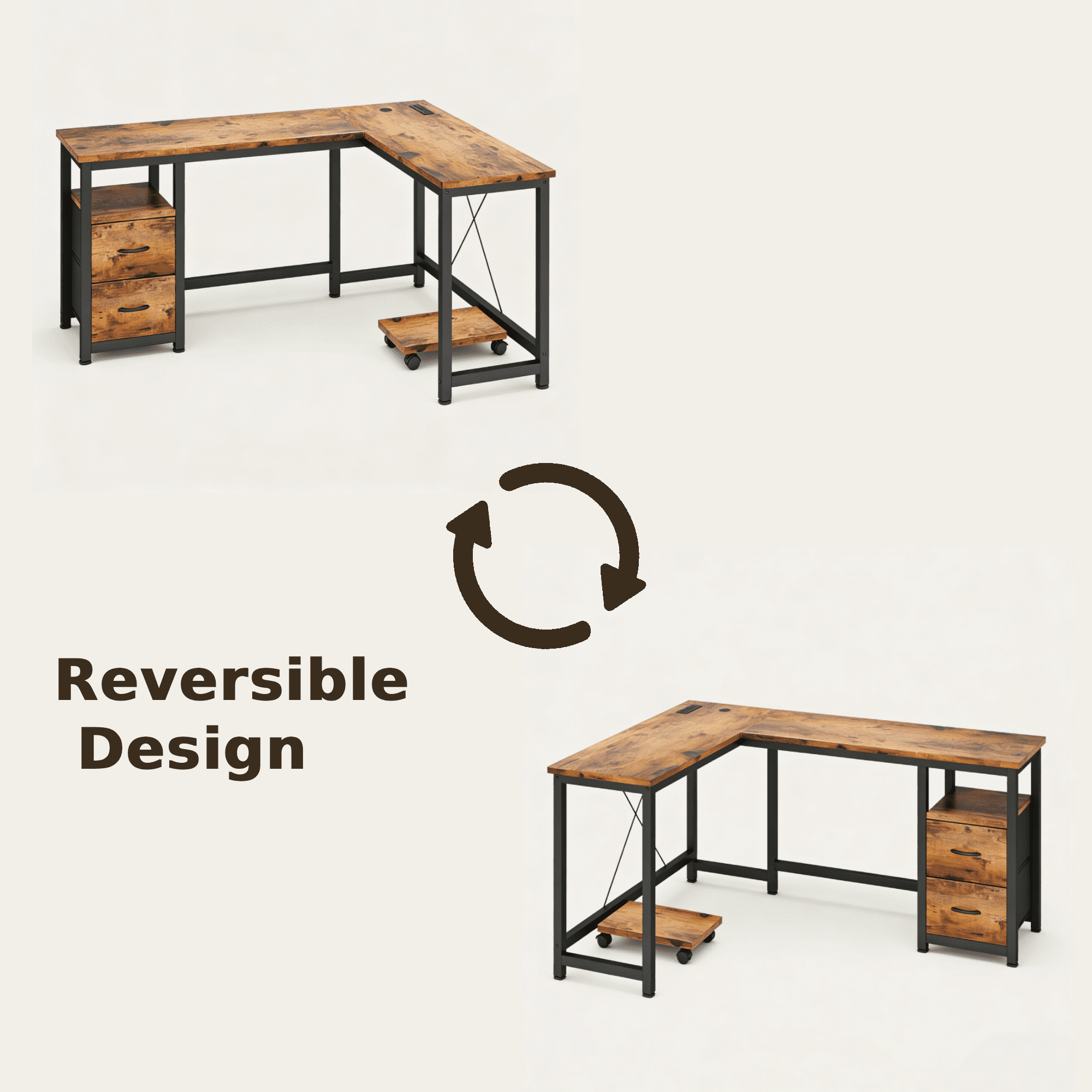Computer Desk, Lofka 66" L Shaped Gaming Desk with Power Outlets and USB Charging Ports for Home Office, Retro Brown