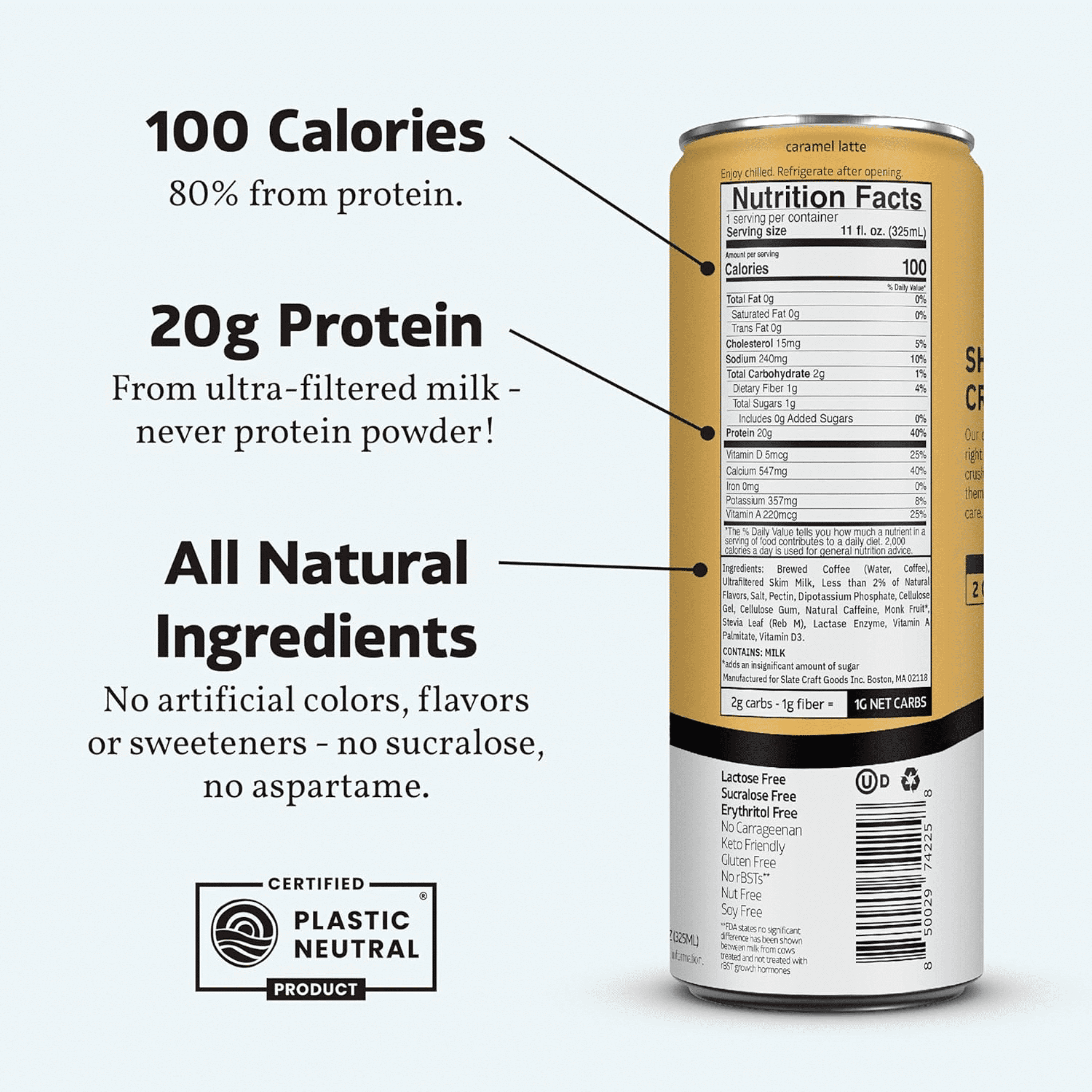 (2 pack) Slate Milk Caramel Latte, High Protein Iced Coffee, 20g Protein, 11 fl oz Can, Ready to Drink
