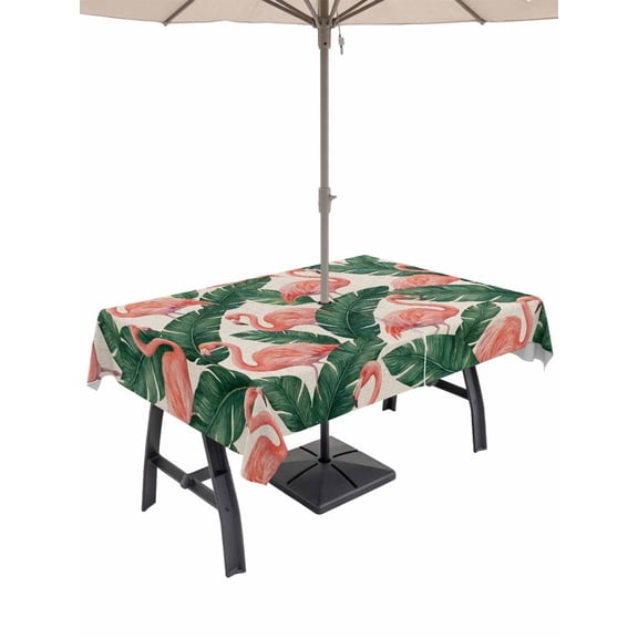 60x120 Inch Outdoor Tablecloth with Umbrella Hole Zipper Rectangle Pink Flamingo Rectangular Tablecloths Waterproof Vintage Summer Tropical Leaves Burlap Patio Table Cloth Cover for Picnic Party