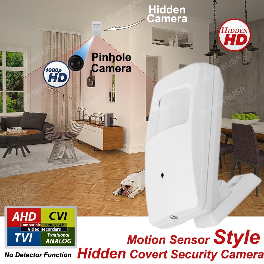 Evertech 1080p Night Vision 3.7mm Pinhole Lens Wide Angle Indoor PIR Security Camera 12V DC Adapter and 25ft CCTV Cable