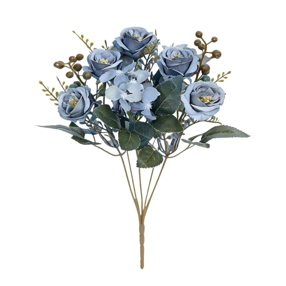 1Pc 11.8" Artificial Rose Hydrangea Flower Bouquet, Faux Vintage Silk Flower Bunch with Berries for Vase Table Centerpiece Home Decor, Blue
