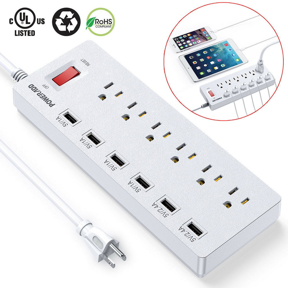 6ft 6 Outlet Power Strip 6 USB Charging Port With Surge Protector Lightningproof 