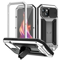Dteck Heavy Duty Case for iPhone 15 Plus, Military Grade Armor Metal Case, Full Body Protective Rugged Shockproof Thick Dustproof Strong Kickstand Slide Len Protection Case for iPhone 15 ,Silver