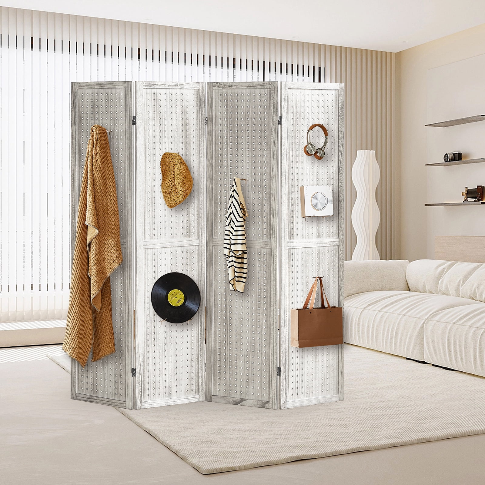 Aletheiawu 4 Panel Display with 16 Hooks, Wood Room Divider Wall, No Installation, Light Brown