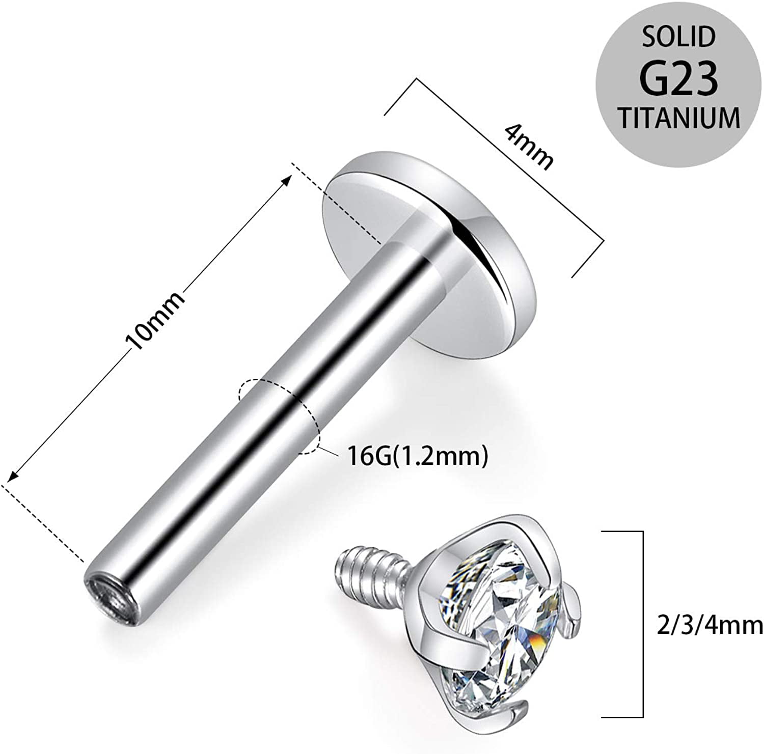 GAGABODY G23 Titanium 16G 6/8/10mm Clear CZ/Opal Internally Threaded Labret Monroe Lip Studs 6mm Helix Cartilage Tragus Earring Piercing 
