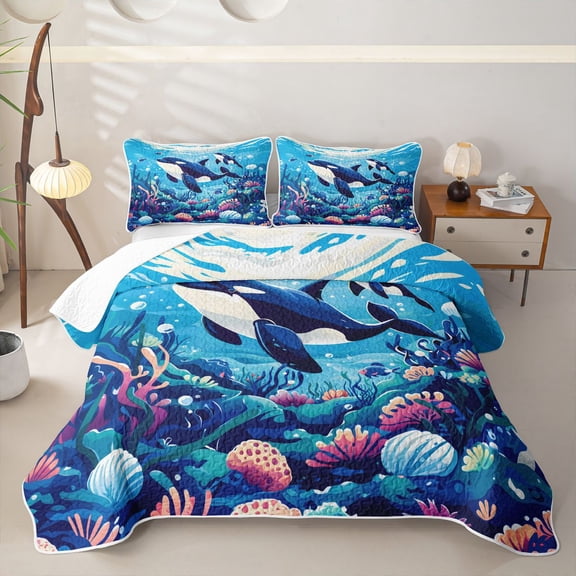 spefrowx Marine Orca Twin Quilt Set for Boys Girls, Blue Vibrant Coral Reef Twin Coverlet Set, 2 Pieces
