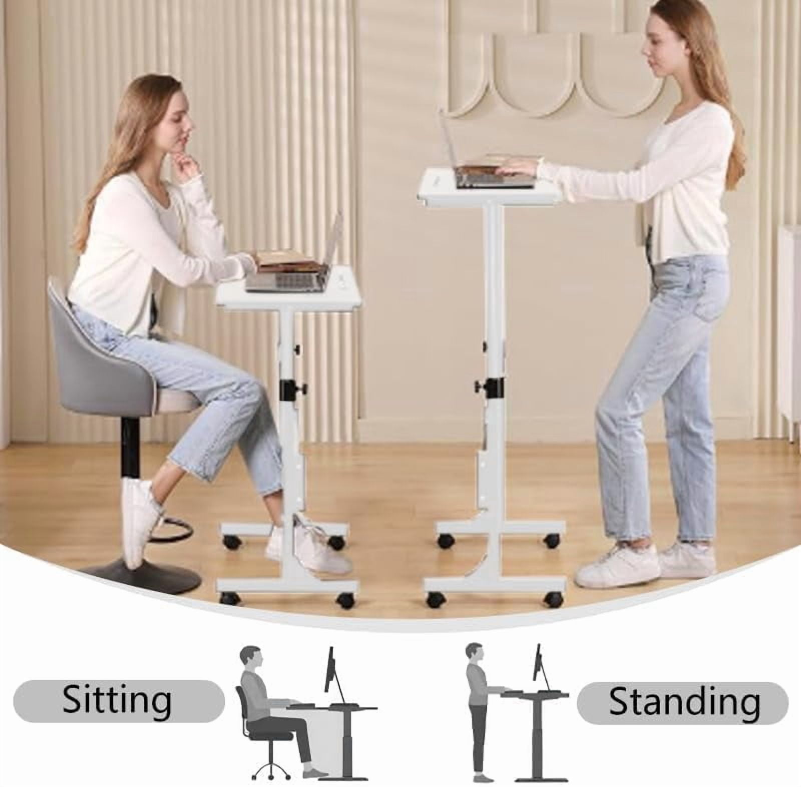 Adjustable Height Rolling Standing Desk with Lockable Wheels,Compact Laptop Desk for Home Office, Dorm, or Bedroom - 15.75" x31.5” - White