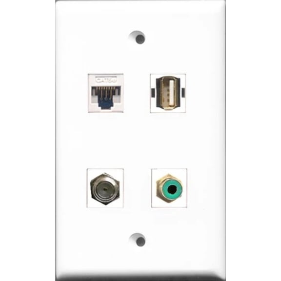 RiteAV 1 Port RCA Yellow and 1 Port Coax Cable TV- F-Type and 1 Port USB A-A and 1 Port Cat5e Ethernet White Wall Plate