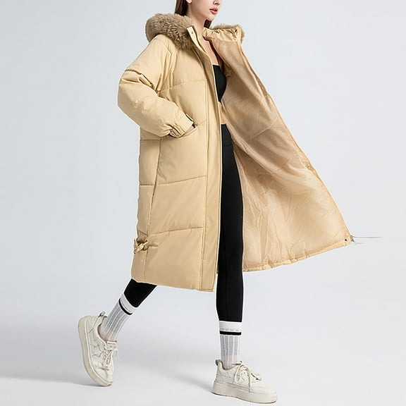 ClodeEU Women's Winter Mid Length Hooded Padded Coat, Oversized Warm Puffer Long Coats Jackets Khaki,Womens Plus XL