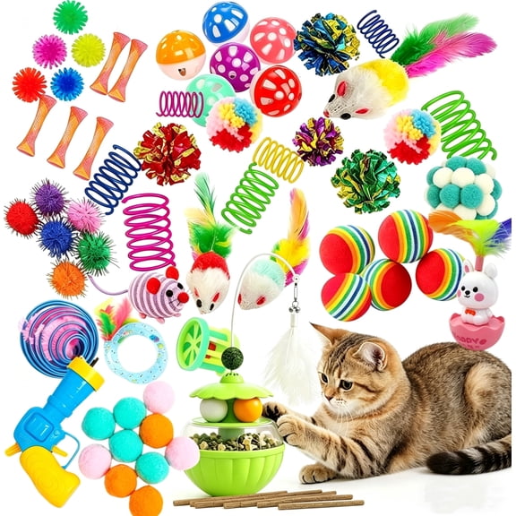 QOPR 55 Pcs Cat Toys for Indoor Cats, Interactive Kitten Toy Set with Balls, Mice, Springs, Feather Wand & Bell Toys