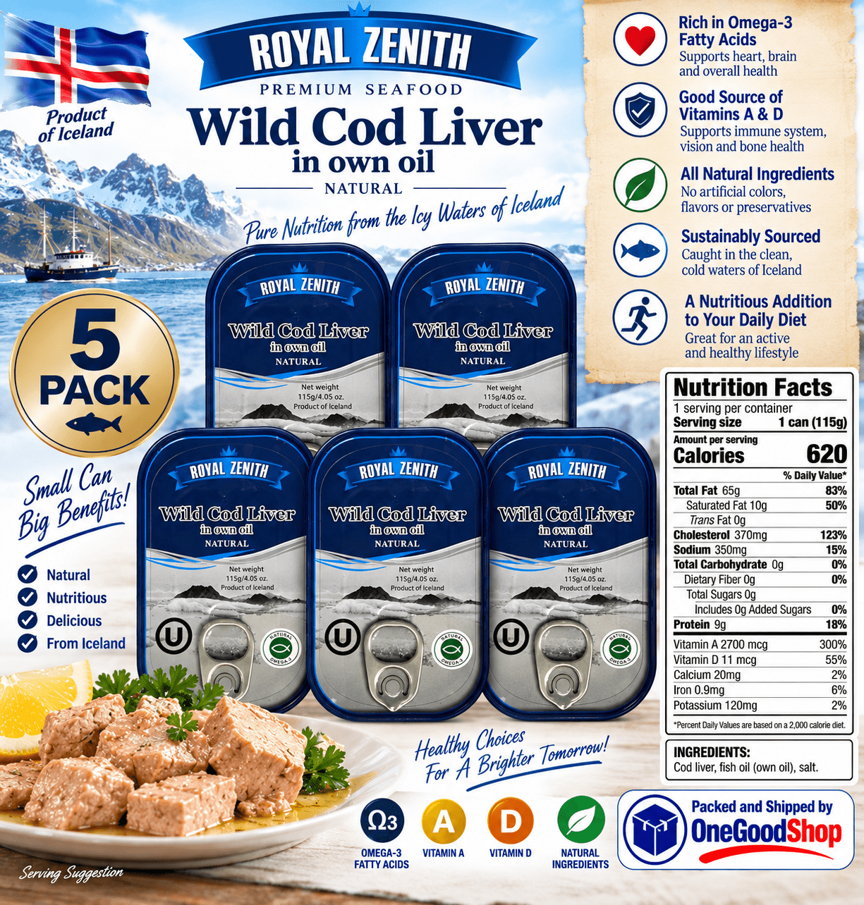 Royal Zenith Icelandic Wild Cod Liver 4.05oz/115g Pack of 5, Certified Kosher.