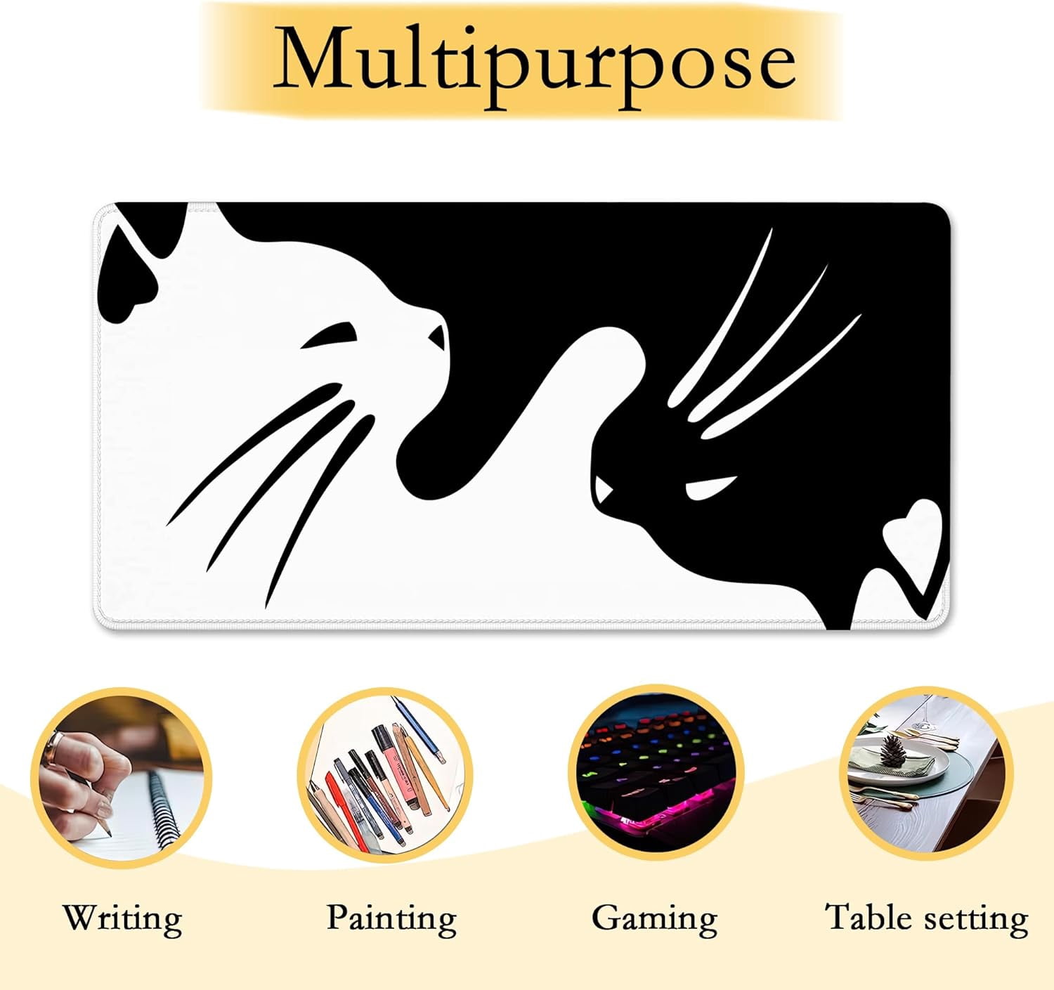 Cute Black and White Cats Desk Mat,Large Gaming Mouse Pad,Non-Slip Rubber Base Mousepad with Stitched Edges,Waterproof Mouse Mat Desk Pad for Work, Game, Office (31.5x15.7 in)