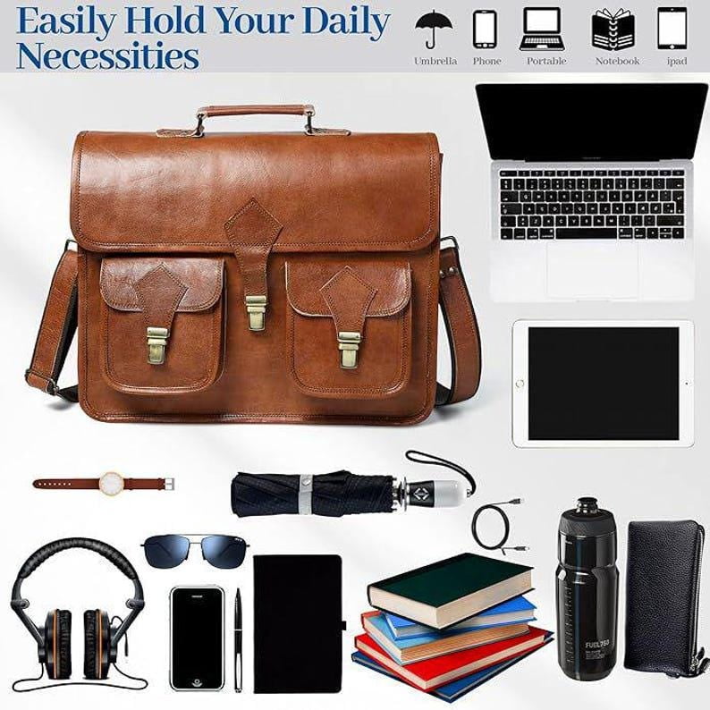Full grain leather laptop computer bag|Personalized leather messenger bag men|Crossbody shoulder bag work briefcase|Valentine's gift for him