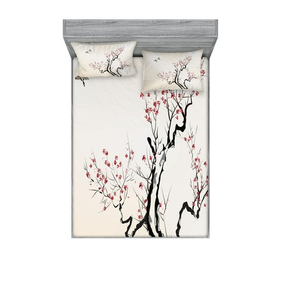 Ambesonne Floral Fitted Sheet & Pillow Sham Set, Classical, Queen, Grey White