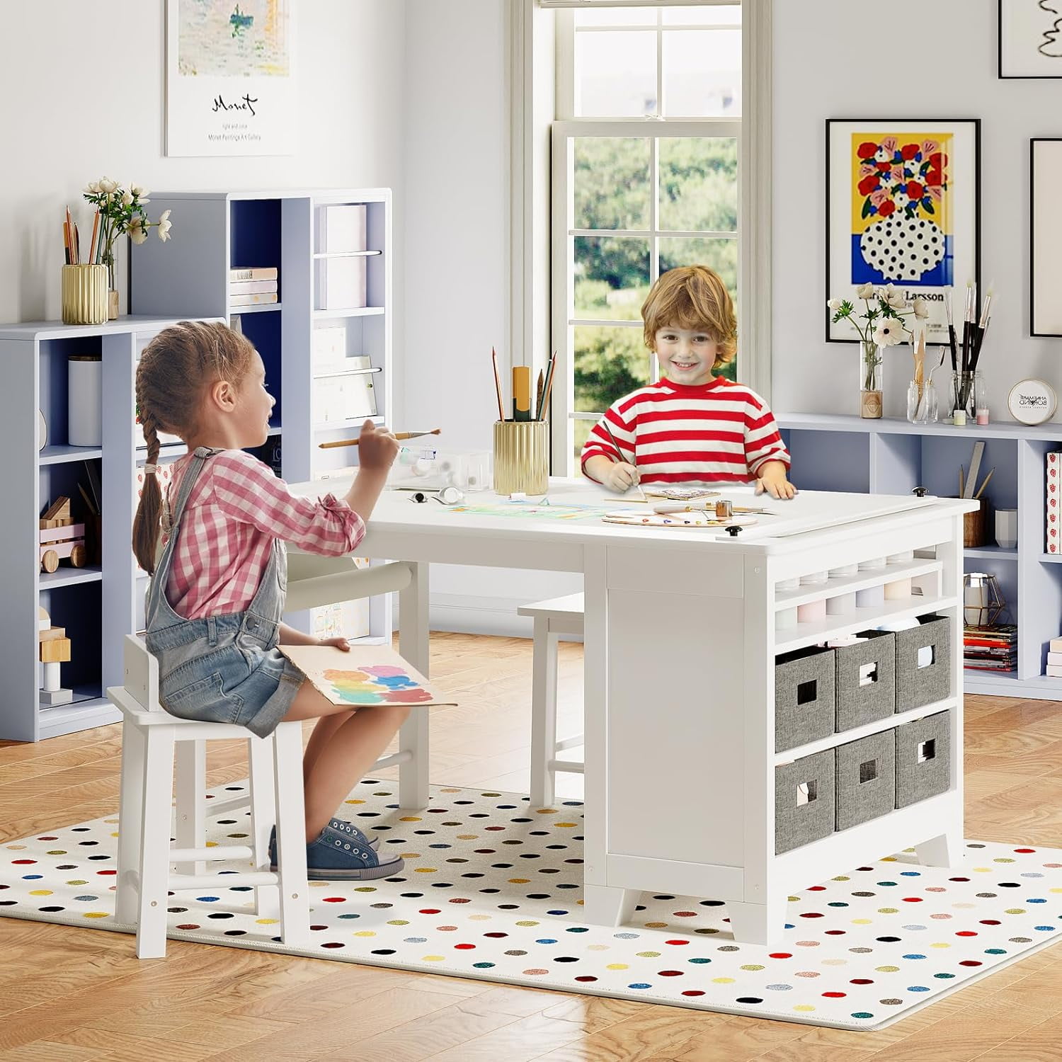 BALUS Modern Kids' Art Table and Stools Set (Gray), Wooden Drawing and  Painting Desk with Paper Roller and Removable Craft Supplies Storage Bins 